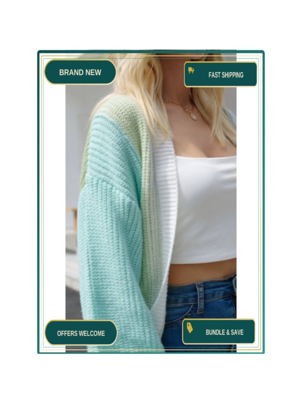 Cropped Color Block Open Front Ribbed Knit Cardigan Long Sleeve - Picture 6 of 6